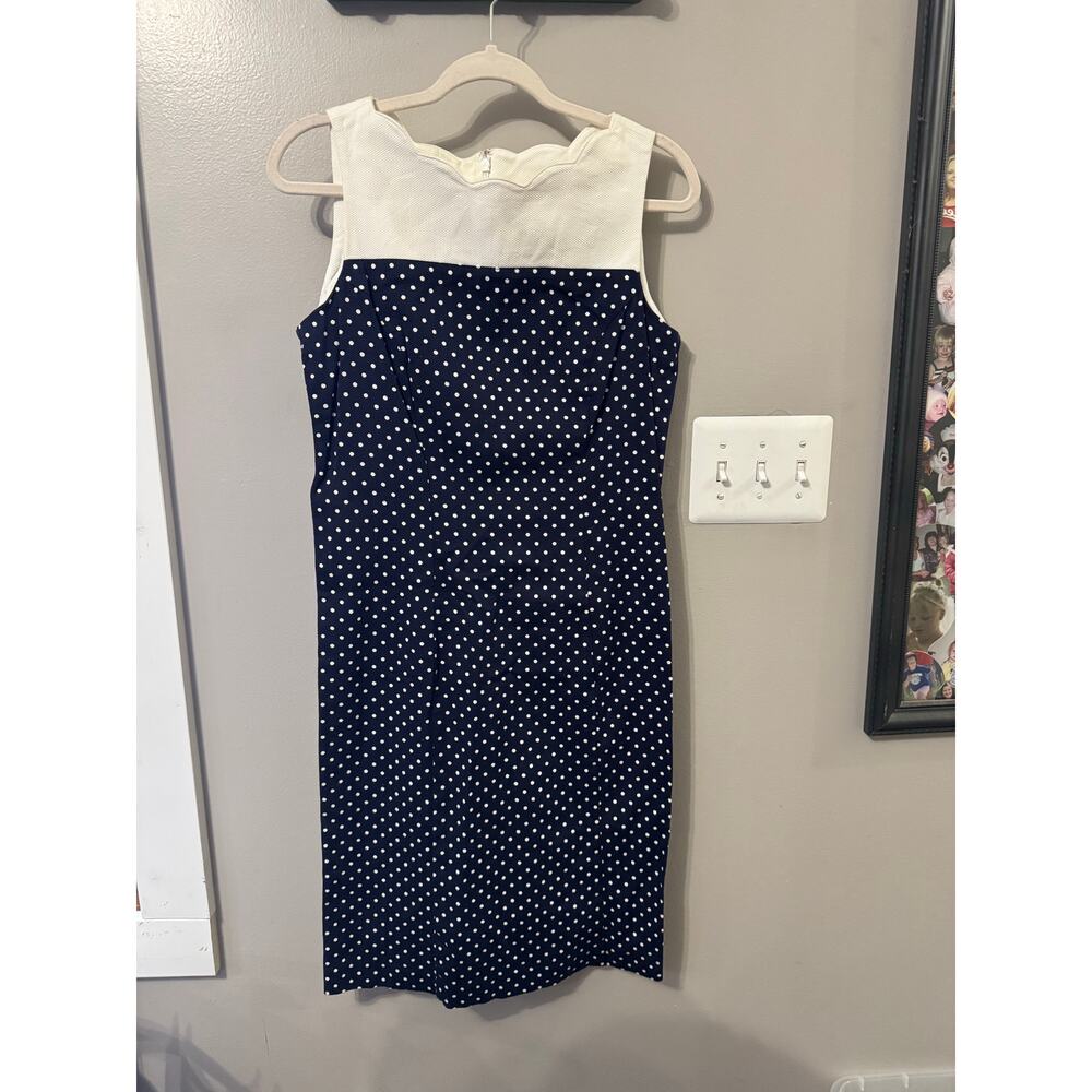 Talbots Navy/White Polka Dot Textured Sheath Dress Size 6 Scallop Neck Office